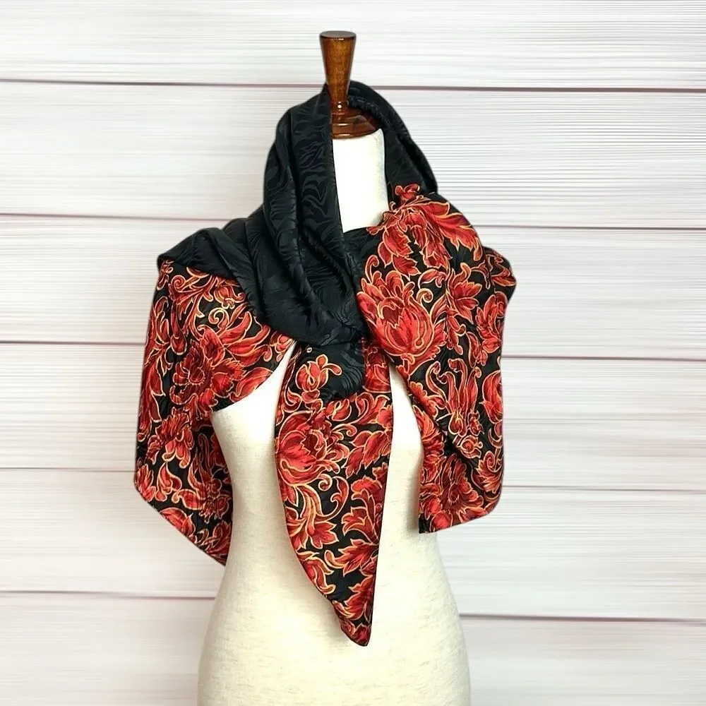 Jeannene Booher Silk Jacquard Scarf Black Red Gold Paisley Floral Hand Rolled